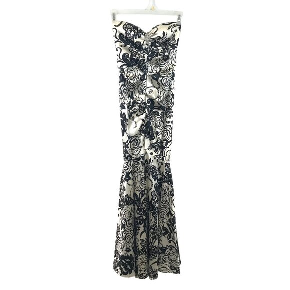 Strapless Floor Length Dress Formal Floral Black White Sz 4, DJ-JAZ - Picture 2 of 11